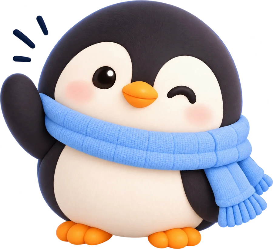 Cal the Penguin waving, wearing a light blue scarf